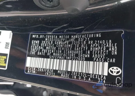 2021 Toyota Corolla Le z USA, uszkodzony, nr VIN 5YFEPMAE1MP222609